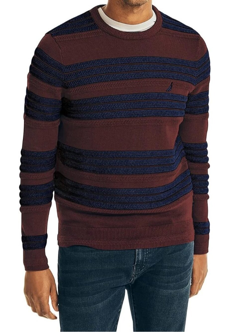 Nautica Men's 100 Cotton Crew Neck Pullover Sweater, Burgundy / Navy Stripe, 2XL